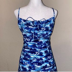 Vintage 90s Blue Tropical Print Milkmaid Mini Dress. Size small.
